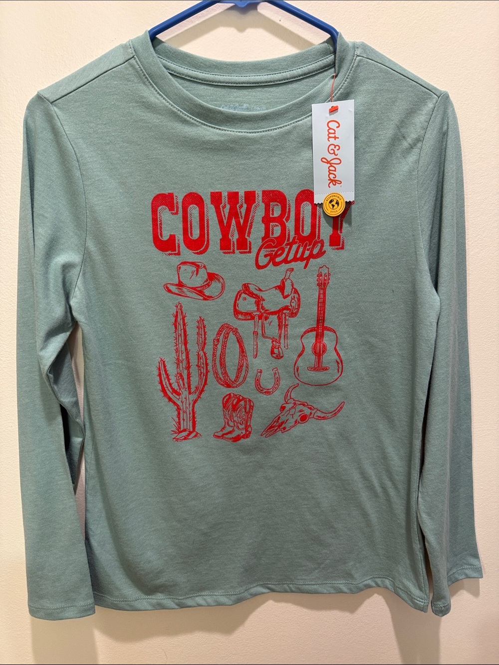 Cat & Jack Sage Green Long-Sleeve Tee with Red 'Cowboy Getup' Graphic Size 10/12